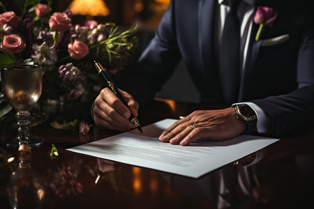 Lawyer hands signing divorce papers inform of upset clientの素材