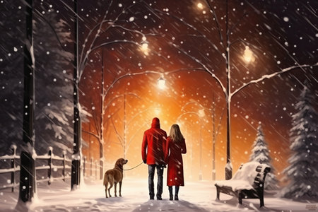 Man and woman in red winter clothes stand together with their dog and enjoy beautiful snowy yardの素材