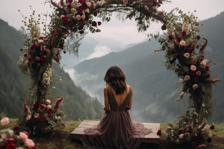 The bride stands with her back turned. Wedding in the mountains.の素材