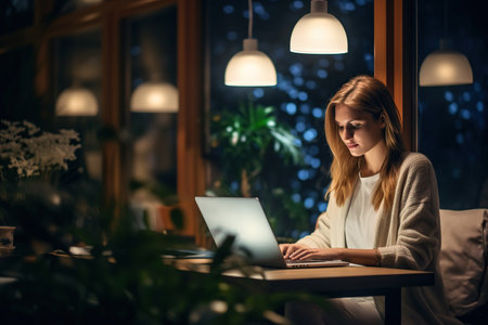 Nighttime productivity: Young businesswoman typing on laptop in home officeの素材