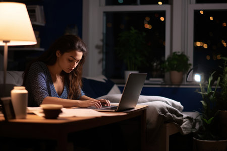 Nighttime productivity: Young businesswoman typing on laptop in home officeの素材