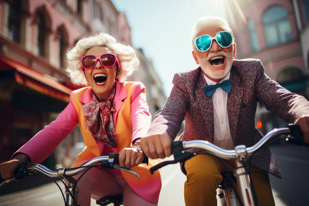 Old Couple riding bicycles outside of the city and wearing helmets and sunglassesの素材