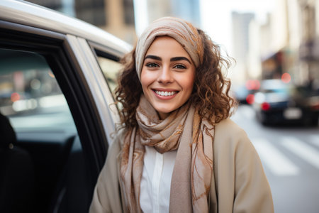 portrait of a Cheerful Middle Eastern woman with a Carの素材