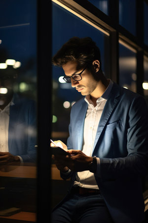 Pensive entrepreneur using digital tablet at night timeの素材