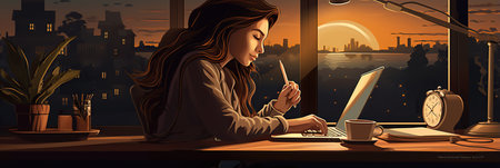 Working late in a home office: A young businesswoman planning a projectの素材