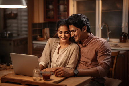 young Indian couple using laptop computer together at homeの素材