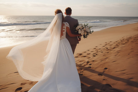 The bride and groom walk along the beach. Modern wedding on the beachの素材