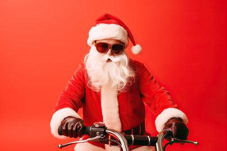 Photo of confident Santa Claus ready ride retro bike wear sunglass x-mas hat suit on red color backgroundの素材