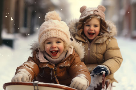 little kids having fun on a sled in the winter parkの素材