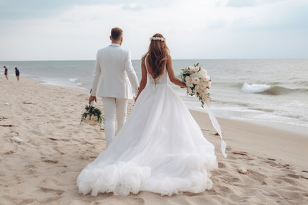 The bride and groom walk along the beach. Modern wedding on the beachの素材