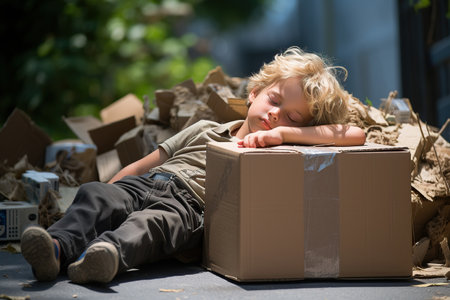 Poor little boy sleeping in cardboard box on streetの素材
