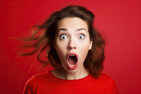 Woman expressing surprise and shock emotion with his mouth open and wide open eyes.の素材