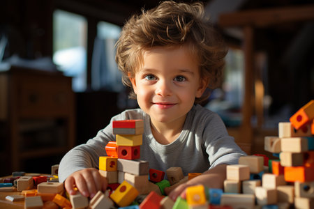 young kid playing with blocks at homeの素材