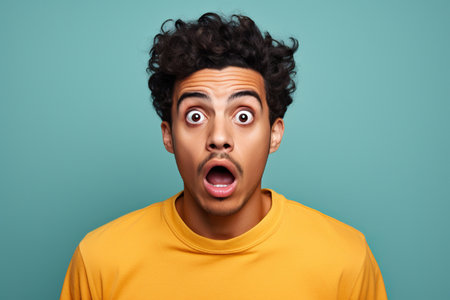 young man expressing surprise and shock emotion with his mouth open and wide open eyes. isolated on red backgroundの素材