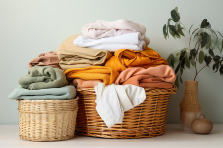 Clothes on wicker baskets for washing preparations whit white backgroundの素材