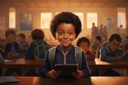 Boy smiling at the camera while sitting with a digital tablet in a classroomの素材