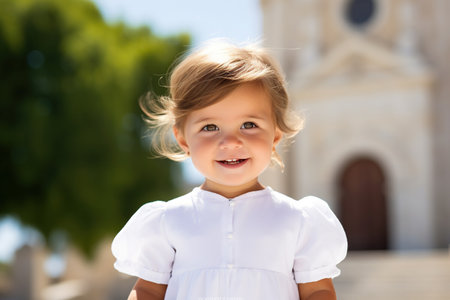 Young girl, 2 years old, dressed in white, standing proudly in front of the churchの素材