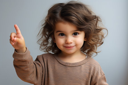 A little girl on a white background gesticulates with her index finger, copy spaceの素材