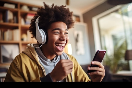 Happy funny gen z hipster African American teen guy wearing headphones dancing at home and listening music on mobile phone.の素材