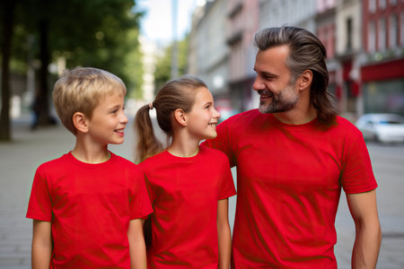 dad and mom and two kids wearing blank navy blue tshirtの素材