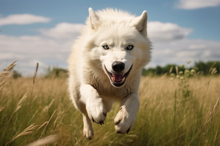 A white wolf jumping over the camera, high speed chase on the grassy plainsの素材