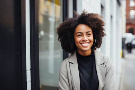 Black woman smiling in a studioの素材