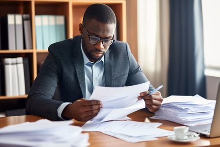 Busy young African American business man bank account manager sitting at office work checking documents.の素材