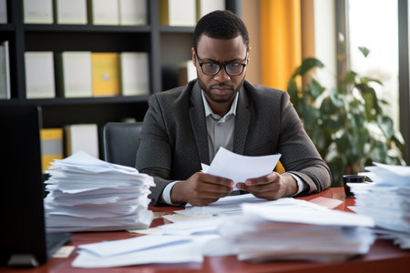 Busy young African American business man bank account manager sitting at office work checking documents.の素材