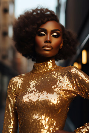 African American Woman in golden dressの素材