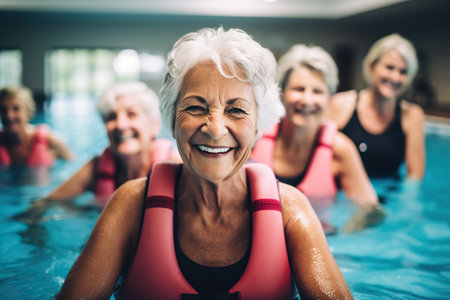 Active senior women enjoying aqua fit class in a poolの素材