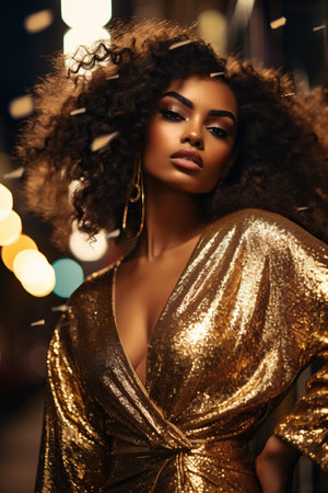 African American Woman in golden dressの素材