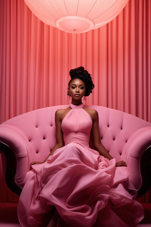 Beautiful dark skin woman in pink dress in pink room.の素材