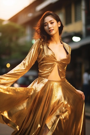 Asian Woman in golden dress on the streetの素材
