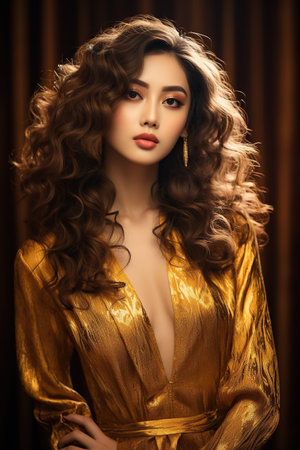 Beautiful Chinese young woman with curly hair in golden dressの素材