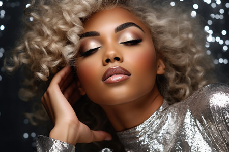 African American blond hair woman in silver glittering dress on silver glitter backgroundの素材