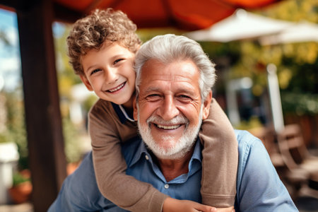 Cheerful kid boy hugging grandfather at homeの素材
