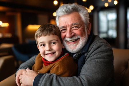 Cheerful kid boy hugging grandfather at homeの素材