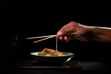 close-up of a person's hand eating thai food with chopsticks on table against black backdropの素材