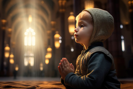 Cute little Muslim boy praying in the mosqueの素材