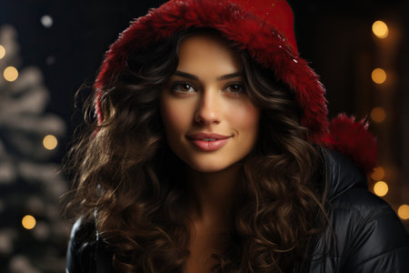 Close up a beautiful woman in a Santa hatの素材