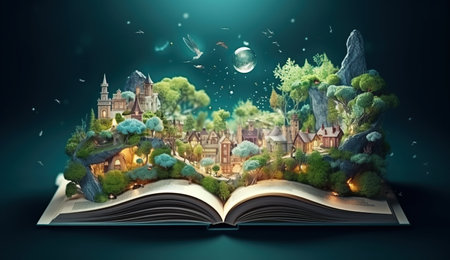 Fantasy world inside of the book. Concept of education imagination and creativity from reading booksの素材