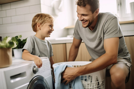 Father and son doing laundry togetherの素材