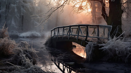 Frost weaving its magic over an old wooden bridgeの素材