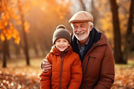 happy grandfather and grandson hug on autumn walk in parkの素材