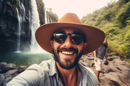 Handsome tourist visiting national park taking selfie picture in front of waterfallの素材