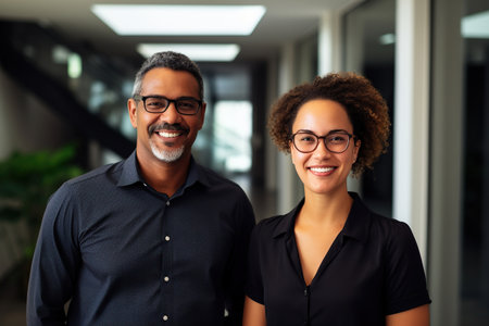 Happy confident business team people two Latin and African American colleagues standing in officeの素材