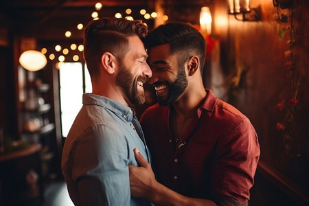 Beautiful gay couple being romantic indoorsの素材