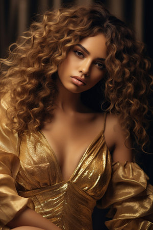 Beautiful Latin young woman with curly hair in golden dressの素材