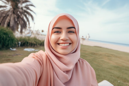 Smiling Arabian girl taking selfie picture with smartphone lying on the couchの素材