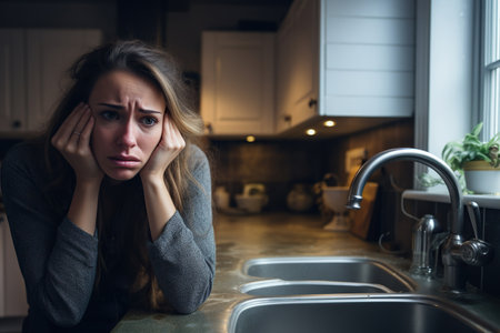 A forlorn woman at her kitchen sink looking worried about a plumbing problem, suggesting a leak and the need for help and assistanceの素材